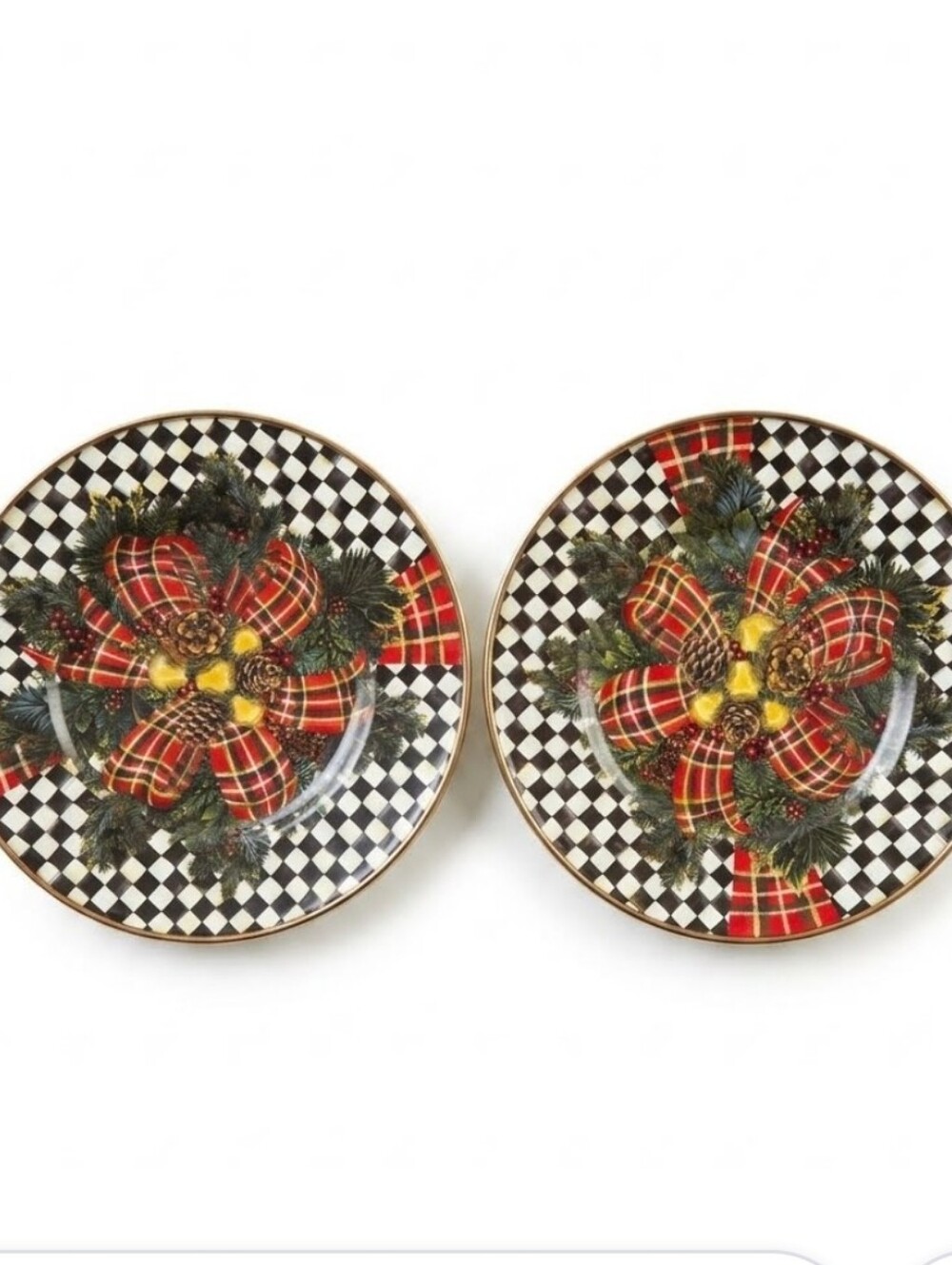 Mackenzie Childs Evergreen Holiday Enamel Saucer Plates Set Of 2 - 6 Inches